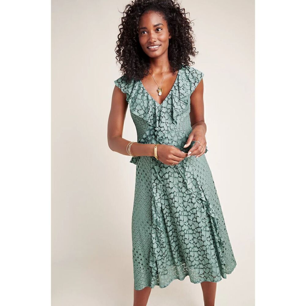 NEW Anthropologie Antoinette Ruffled Midi Dress size M Green